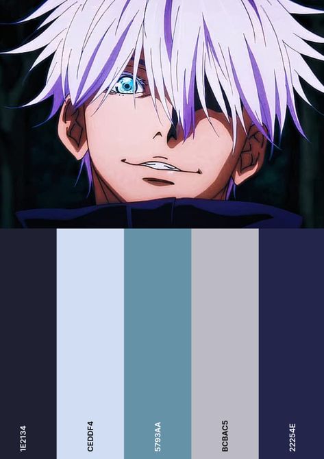 Colour palette Anime Character Color Palette, Gojo Satoru Color Palette, Anime Colour Palette, Anime Color Palette, Anime Palette, Storybook Theme, Movie Color Palette, Puff Flower, Crochet Puff Flower