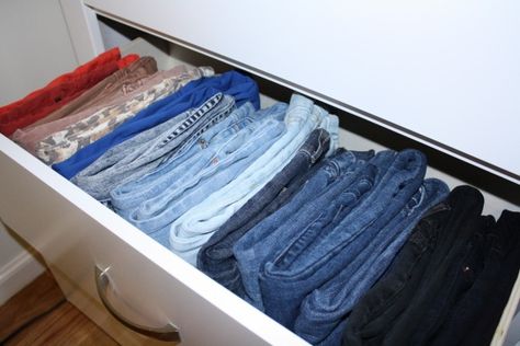 Storing jeans in drawer Jeans Organization, Jean Organization, Pretty Closets, Pants Organization, Closet Organisation, Silverware Drawer Organizer, Dresser Drawer Organization, Alex Drawer, Diy Headboard Upholstered