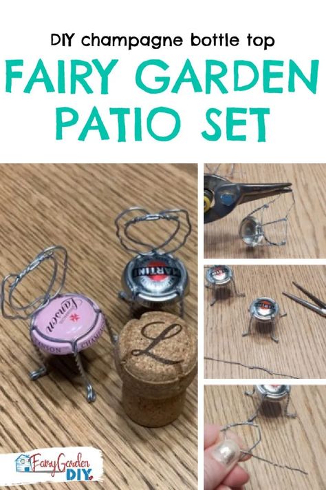 DIY fairy chairs from champagne bottle tops! This cute fairy garden idea is SUPER cheap and easy - You could make them a lot more intricate than this - perfect easy miniature garden decor! DIY fairy furniture Diy Champagne Bottle, Fairy Garden Chairs, Cute Fairy Garden, Reuse Wine Bottles, Miniature Garden Decor, Fairy Garden Furniture, Fairy Furniture, Garden Idea, Diy Fairy