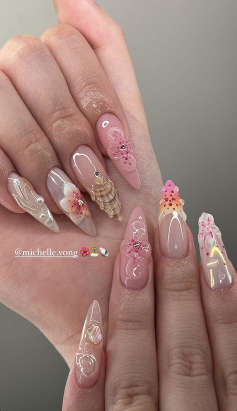 Sculpted Flower Nails, Baddie Nails Summer, Puerto Rico Nails, Summery Nails, Girly Acrylic Nails, Classy Acrylic Nails, Pretty Gel Nails, Fire Nails, Funky Nails