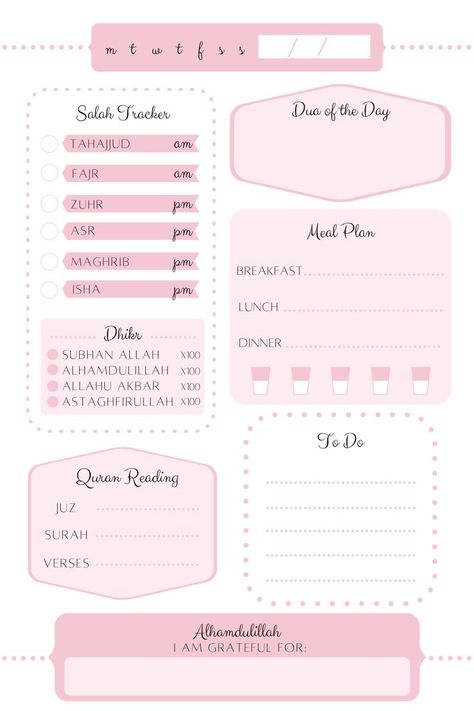 Muslim bullet journal daily Islamic planner page pink theme with salah tracker, meal plan, and daily habit tracker. Feel free to use and share! Quran Tracker, Islamic Planner, Pink Daily Planner, Daily Planner Book, Daily Planner Design, Ramadan Tips, Free Planner Templates, Daily Planner Printables Free, Daily Routine Planner