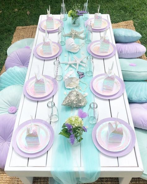 Outdoor Mermaid Party Ideas, Mermaid Birthday Party Kids Table, Mermaid Party Menu Ideas, Mermaid Picnic Birthday Party, Mermaid Tail Fruit Platter, Mermaid 5th Birthday Party Ideas, Mermaid Picnic Party, Pastel Under The Sea Birthday Party, Ariel Party Decorations