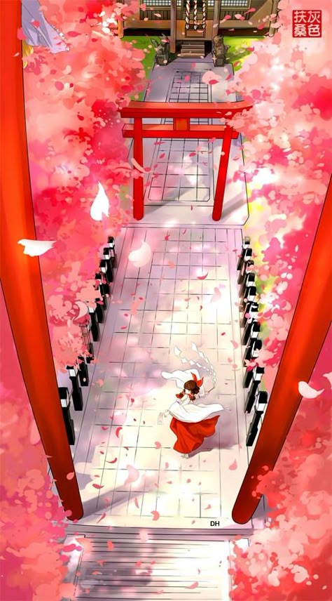 Touhou, Hakurei Reimu, Torii, Scenery, Shrine Arte 8 Bits, Japon Illustration, Art Japonais, Fantasy Art Landscapes, 판타지 아트, Japan Art, Kawaii Wallpaper, Anime Scenery Wallpaper, Anime Artwork