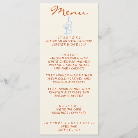 A colorful retro funky modern vivid red wedding dinner menu. Which features chic template design of boho vintage milky beige background and orange typography and hand written menu in orange. And hand drawn champagne glass and bottle in sky blue color . . Perfect and matching with the whole suite. Printed Menu For Dinner Party, Hand Written Wedding Signs, Rehersal Dinner Menu, Menus Design, Orange Typography, Dinner Menu Card, Wedding Menus Design, Small Backyard Wedding, Wedding Food Drink