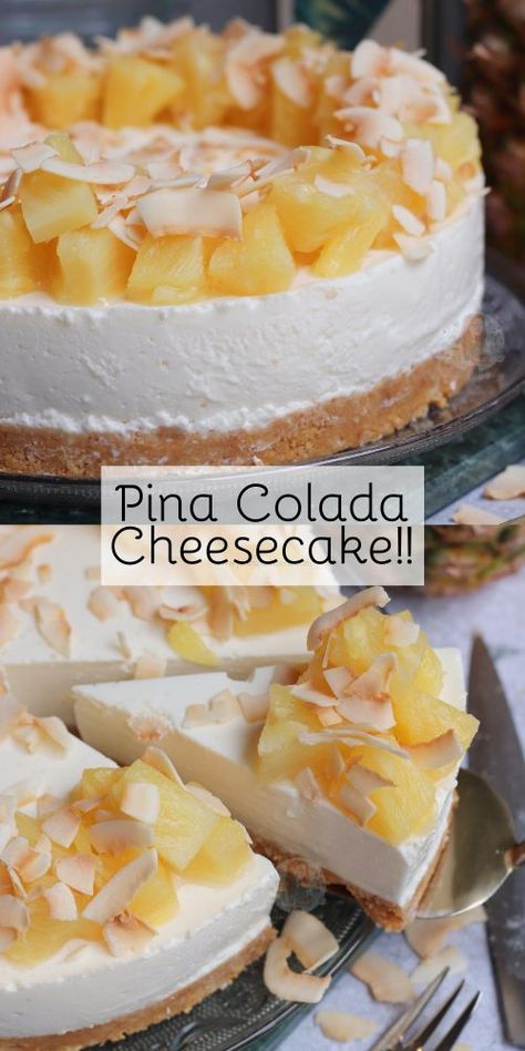 Pineapple Coconut Cheesecake Recipe, Strawberry Coconut Cheesecake, Piña Colada Cheesecake, Pineapple Topping For Cheesecake, Cheesecake With Cake Base, Pina Colada Cheesecake Recipes, Fancy Cheesecakes, Pineapple Cheesecake Recipes, Pineapple Coconut Cheesecake