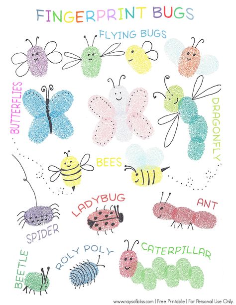 Bugs Fingerprint Art, Fun Kids Art Project. Free Printable Guide for little ones to copy or fingerprint on. From Rays of Bliss. Fingerprint Bugs, Fun Kids Art Projects, Thumbprint Art, Fingerprint Crafts, Fingerprint Art, Bug Crafts, Footprint Art, Handprint Crafts, Daycare Crafts