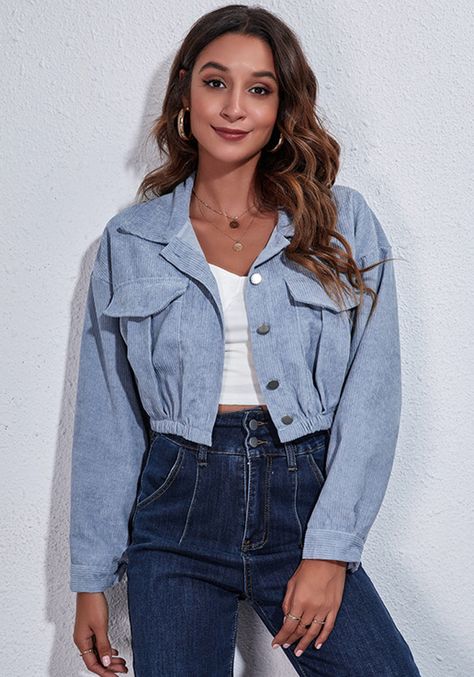 Cropped Jacket Outfit, Short Coats Women, Ladies Short Jackets, Lapel Jacket, Blue Corduroy, Jacket Outfit, Spring Outfits Women, Spring Jackets, Fashion Seasons