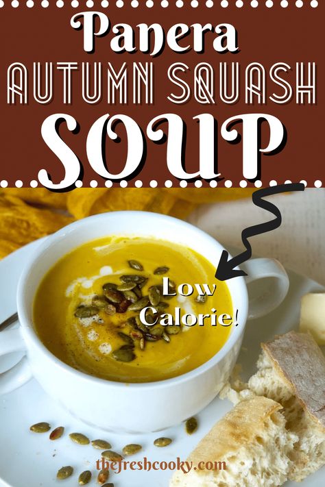 You are going to love how easy, delicious and fancy looking this Panera Autumn Squash Soup Recipe is! A naturally vegetarian soup that is low calorie and can be made vegan with just two swaps. This is an amazing copycat Panera recipe. Get the recipe via @thefreshcooky Panera Autumn Squash Soup Recipe, Panera Squash Soup, Vegan Squash Soup, Autumn Squash Soup Recipe, Autumn Squash Soup, Panera Autumn Squash Soup, Panera Recipes, Autumn Squash, Autumn Soup