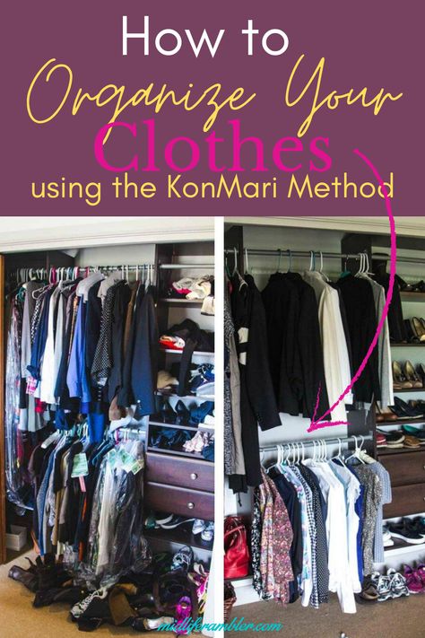 Here’s a Detailed How-To Guide on Using Marie Kondo’s KonMari Method to Clean Out Your Wardrobe, Organize Your Clothes and Make Sure Everything You Wear Every Day Brings You Joy! Plus, you can download a free workbook to help you with your own Marie Kondo KonMari Tidy Up Project. Konmari Method Organizing, Bedroom Declutter, Declutter Bedroom, Declutter Home, Organizing Paperwork, Clothes Closet Organization, Konmari Method, Declutter Your Life, Small Space Design