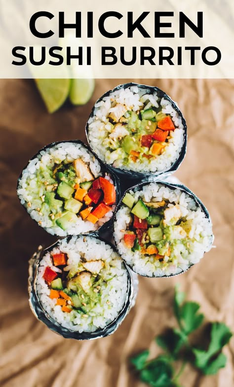 A simple chicken sushi burrito recipe. You can also use substitute the chicken with your favorite protein, such as beef, pork, tofu or beans! #sushiburrito #healthydinner #chicken #chickenrecipe #burrito #sushi Sushi Burrito Recipe, Chicken Sushi, Healthy Sushi, Sushi Burrito, Sushi Recipes Homemade, Guacamole Ingredients, Burrito Recipe, Simple Chicken, Resep Diet