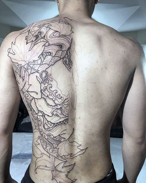 Mens Creative Half Back Black Ink Outline Leaves With Mask Tattoo Creative Tattoos For Men, Half Back Tattoo, Tattoo Ideas Males, Common Tattoos, Creative Tattoo, Clever Tattoos, Back Tattoos For Guys, Mask Tattoo, Asian Tattoos