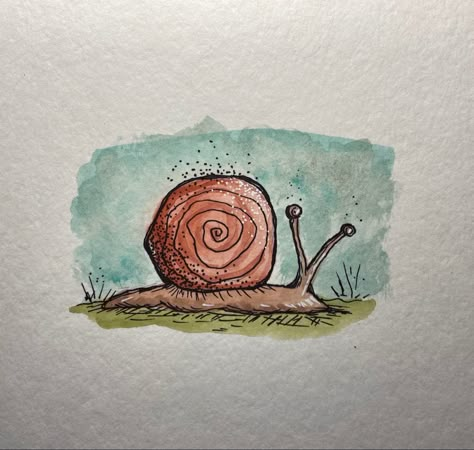 Watercolor Art Cottagecore, Watercolor Snail Paintings, Silly Watercolor Paintings, Watercolor Art Mushrooms, Sharpie And Watercolor Art, Snail Painting Acrylic, Cottagecore Watercolor Painting, Easy Cottagecore Drawing, Watercolor Beehive