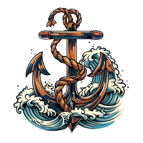 An anchor entwined with a rope and waves electronics hardware hook. | free image by rawpixel.com / Fluke Old Style Tattoos, Anchor With Rope, Stained Glass Tattoo, Glass Tattoo, Old Illustration, Navy Anchor, Painting Inspo, Download Free Images, Flash Tattoo