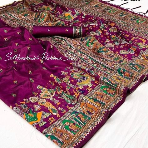 Our price 3199 freeShipping Kashmiri Pashima Rich Silk collections 🤩 *#274233* 💐Fabric : Soft Kashmiri Pashmina silk weaving saree with all over colourfull meena weaves pattern with extraordinary stunning pallu and Fancy tassels Blouse : Saree comes with butti weaves running blouse piece Pashmina Saree Silk, Tassels Blouse, Pashmina Saree, Fancy Tassels, Pashmina Silk, Tassel Blouse, Silk Weaving, The Weaver, Blouse Saree