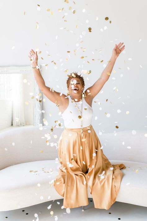 Happy woman with hands up celebrating with confetti Woman Laughing, Women Laughing, Photo Shoot Ideas, Happy Woman, Brand Photographer, Brand Photography, Wedding Professional, Pure Joy, Photographer Branding