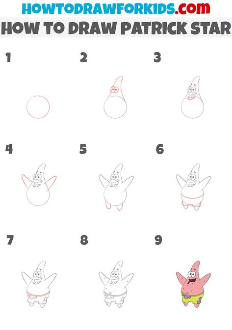 How To Draw Patrick Star Step By Step, How To Draw Patrick Star, How To Draw Spongebob Characters, How To Draw Spongebob Step By Step, Patrick Drawing Easy, Patrick Spongebob Drawing, Easy Drawings Step By Step Sketches, How To Draw Bluey, Patrick Star Drawing