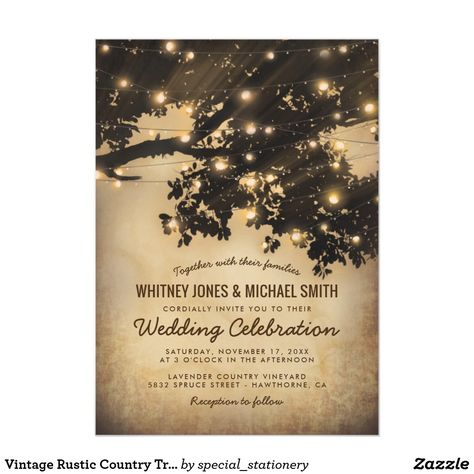 Vintage Rustic Country Tree Lights Wedding Invitations #rusticwedding Tree Lights Wedding, Country Style Wedding Invitations, Twinkle Lights Wedding, Country Tree, Country Themed Wedding Invitations, Evening Wedding Invitations, Vintage Bridal Shower Invitations, Oak Tree Wedding, Wedding Woodland