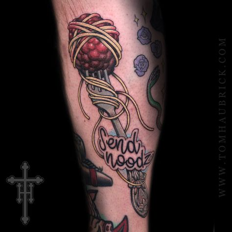 Meatball and spaghetti for Justin. I believe this is the first time I've tattooed a fork. . . 📧tomhaubrick@gmail.com for appointments consultations, and commissions ! . #tomhaubrick #haubs #haubscomix #bigtroubletattoo #northparksd #sandiego #sendnoodz #meatballsandspaghetti Meatball Tattoo, Spaghetti Tattoo, Meatball And Spaghetti, Moms Spaghetti, Rock Metal, Meatballs, Skull Tattoo, First Time, Spaghetti