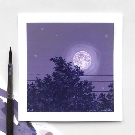 Gouche Painting Moon, Cool Colour Scheme Drawing, Purple Scenery Painting, Purple Paintings Aesthetic, Purple Moon Painting, Moon Gouache Painting, Purple Watercolor Painting, Painting Purple Aesthetic, Moon Scenery Painting