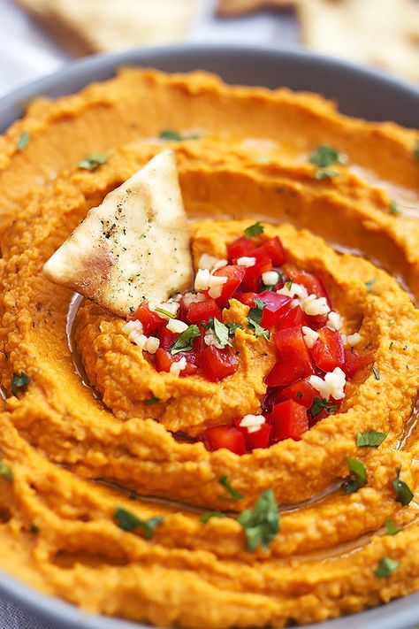 Buffalo Hummus, Red Pepper Hummus Recipe, Goat Cheese Dip, Sweet Potato Hummus, Pepper Hummus, Roasted Red Pepper Hummus, Red Pepper Hummus, Homemade Hummus, Roasted Red Pepper