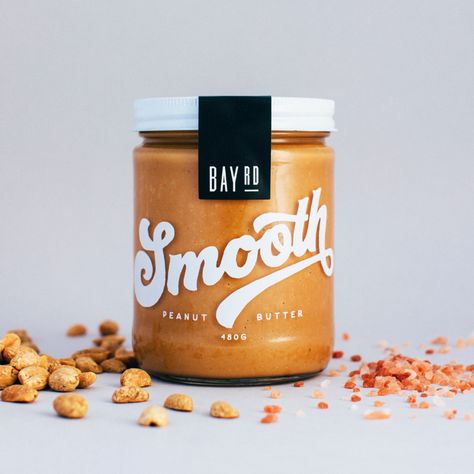 Bay RD Peanut Butter Features Swoon-Worthy Typography | Dieline - Design, Branding & Packaging Inspiration Nut Butter Packaging Design, Nut Butter Branding, Peanut Butter Branding Design, Peanut Packaging Design, Nut Butter Packaging, Peanut Butter Branding, Food Jar Packaging, Peanut Butter Label Design, Spreads Packaging