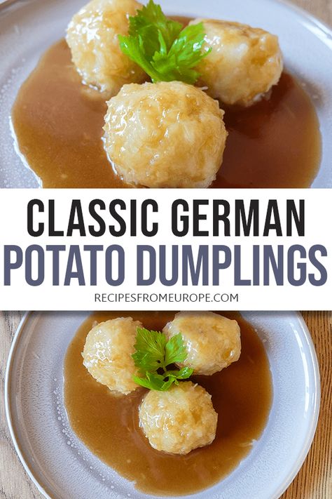 Looking for a German potato dumpling recipe? This classic recipe version walks you through the process step-by-step (with pictures)! #germanrecipes #potatodumplings Grated Potatoes Recipes, German Boiled Potatoes, German Potato Dumplings Recipes, German Dumplings Recipe, Potato Dumplings German, German Thanksgiving, German Dinner Recipes, German Potato Recipes, Potato Dumplings Recipe