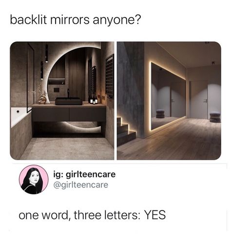 follow if you dare 🥰 on Instagram: “design rooms with the link in my bio 🥰   -  -  -  #teenpost #314tim #meems #wtftumblr #funnyvines #dotheshiggy #relatabletextposts…��” Back Lit Mirror Bathroom, Lit Mirror Bathroom, Back Lit Mirror, Lit Mirror, Dream House Aesthetic, Backlit Mirror, Downstairs Toilet, Home Gym Design, Interior Design Boards