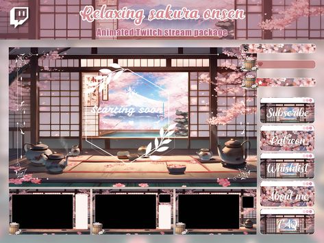 Japanese onsen twitch animated overlay pack. Twitch panels, stream overlay, vtuber background, stream package, Twitch alerts. Hot spring par AestheticStudioCie sur Etsy Twitch Screens, Vtuber Background, Animated Overlay, Twitch Alerts, Japanese Onsen, Japanese Background, Twitch Panels, Stream Overlay, Be Right Back