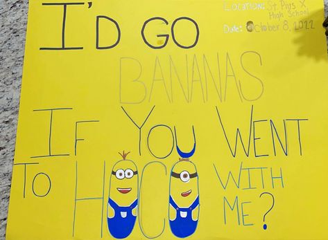 Minion Hoco Proposal, Minions Poster, Western Painting Canvas, Minion Dance, High School Dating, Cute Hoco Proposals, Homecoming Poster, Homecoming Poster Ideas, Homecoming Posters