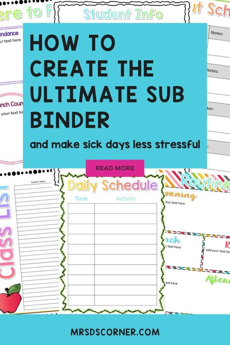 Sick days happen and sometimes they happen when you least expect it. That is why it is important to prepare for having a substitute in your classroom now. With this sub binder, you will have everything you need all in one place so that a substitute teacher can come into your room and know exactly what do do. This sub binder will make your life easier and less stressful for those days when you have to leave unexpectedly or are out of the classroom for an extended amount of time. Substitute Teacher Binder Free, High School Substitute Teacher Ideas, Substitute Binder Ideas, Free Teacher Binder, Substitute Teacher Binder, Substitute Folder, Special Education Organization, Substitute Binder, Sub Binder