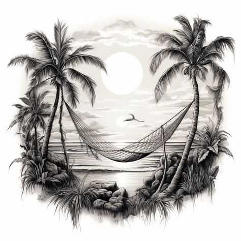 Island Theme Tattoo, Beach Leg Sleeve Tattoo, Walking Path Tattoo Ideas, Trees And Ocean Tattoo, Tropical Island Tattoo Design, Beach House Tattoo, Palm Tree Tattoo Stencil, Palm Tree Ocean Tattoo, Tattoos For Overcoming Struggles