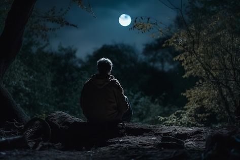 Boy in the forest and looking at the moo... | Premium Photo #Freepik #photo #moon-light #full-moon #night-moon #moonlight Full Moon Forest, Looking At The Moon, Walking On The Moon, The Moo, Moon Walk, Night Moon, Look At The Moon, Sky Moon, Under The Moon