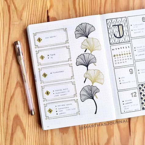 1920s art deco inspired bullet journal weekly spread with geometric frames and ginkgo leaves Art Deco Bullet Journal, Bullet Journal 2023, Daily Bullet Journal, Journal 2023, Journal Weekly Spread, Bujo Weekly Spread, Art Deco Theme, Bullet Journal Ideas Templates, Bullet Journal Design