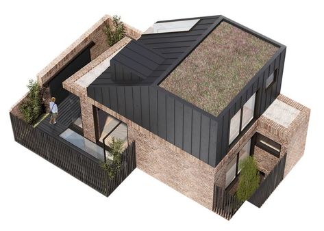 arial view of architecture 3D model of small house Small Mixed Use Building, Ground Floor Flat Extension, Terraced Housing Architecture, Extension 3 Bed Semi, Permitted Development Extension, Mews House, Micro House, Garage House, Garden Shed