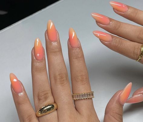 Pink And Yellow Nails Ombre, Peach Orange Nails Acrylic, Ombre Orange Acrylic Nails, Summer Vacation Nail Inspo Almond, Orange And Yellow Ombre Nails, Vacation Nails Orange, Pink And Yellow Ombre Nails, Almond Vacation Nails, Ombre Orange Nails