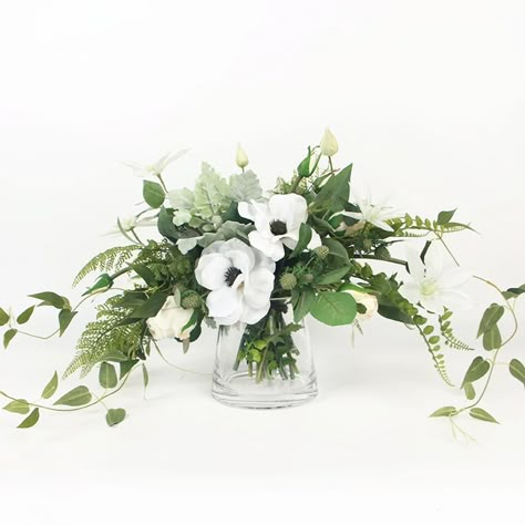 White Anemone Flower and Green Leaf Bouquet with Glass Vase – FloralGoods Eucalyptus And White Flowers Centerpiece Elegant, Small Flower Arrangements Centerpieces With Greens In Vases, Sage Bridal Bouquet Vase, White Anemone Flower, Leaf Bouquet, Bouquet Champetre, Wedding Flower Guide, Church Wedding Flowers, Fresh Wedding Flowers