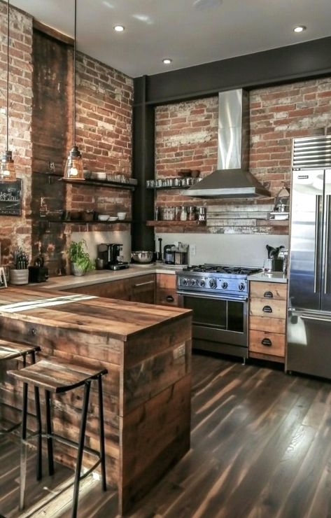 Brickwall Interiors Kitchen, Soft Industrial Kitchen, Brick And Wood Kitchen, Small Loft Kitchen, Exposed Brick Walls Kitchen, Exposed Brick Apartment, Kitchen With Exposed Brick, Loft Kitchen Ideas, Loft Kitchen Design