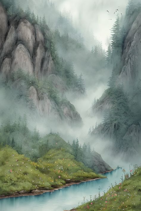 Chinese Mountains, Foggy Mountains, Chinese Landscape, River Art, Mountain Paintings, Chinese Painting, Mountain Landscape, Album Art, Art Board