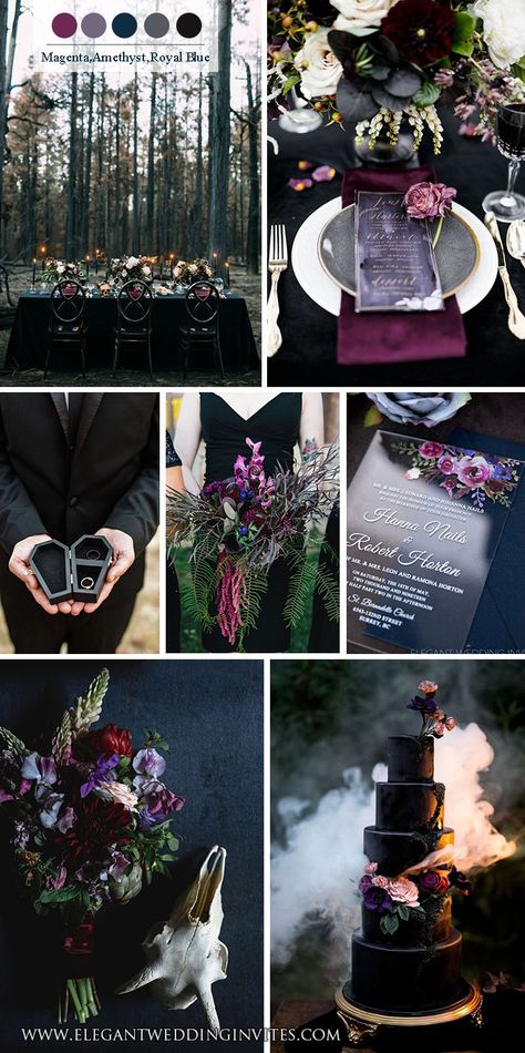 dark moody purple jewel tone halloween fairytale wedding Moody Fall Wedding, Dark Purple Wedding, Dark Romantic Wedding, Gothic Wedding Theme, Dark Wedding Theme, Halloween Themed Wedding, Jewel Tone Wedding, Goth Wedding, Dark Wedding