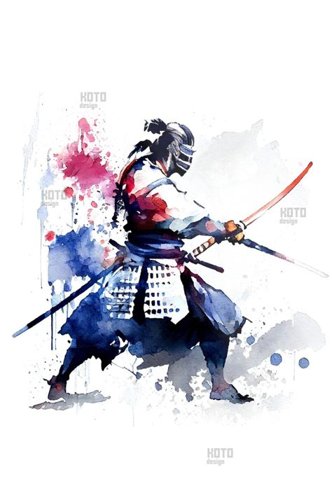 Design of Samurai Warrior Watercolor Art on white background. This art style features delicate brushstrokes and bold colors that blend seamlessly to create a stunning, almost ethereal effect. The image typically depicts a Samurai warrior in full armor, standing proud with his sword at the ready, or in the midst of a fierce battle. Watercolor Samurai, Portrait Mural, Gym Portrait, Japanese Warriors, Warrior Paint, Samurai Artwork, Japanese Watercolor, Japanese Art Prints, Japanese Warrior