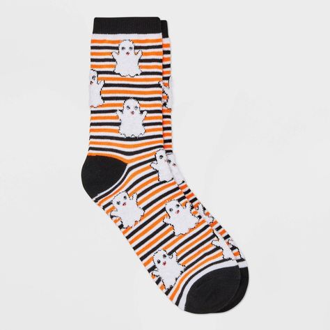 Up your socks game this Halloween Women's Striped Ghost Halloween Crew Socks by Hyde & EEK! Boutique™ in Black/White/Orange 4-10. Crafted with midweight knit fabric that is stretchable with iconic Halloween ghost prints all over, makes this pair of socks ideal for Halloween. Designed to easy wash and maintain, these socks ensure hassle-free care while keeping your feet happy and supported all day long. Hyde & EEK! Boutique™: Thrilling delights. Curious oddities Seasonal Aesthetic, Halloween Color, Halloween Socks, Ghost Print, Classic Halloween, Print Socks, Allover Pattern, Sock Game, Fuzzy Socks