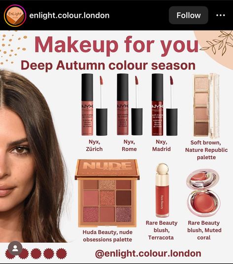 Makeup For Dark Autumn Skin Tones, Deep Autumn Eye Makeup, Deep Autumn Color Makeup, Dark Autumn Summer Wardrobe, Autumn Deep Makeup, Dark Autumn Blush, Warm Autumn Makeup Looks, Deep Autumn Blush, Warm Fall Makeup