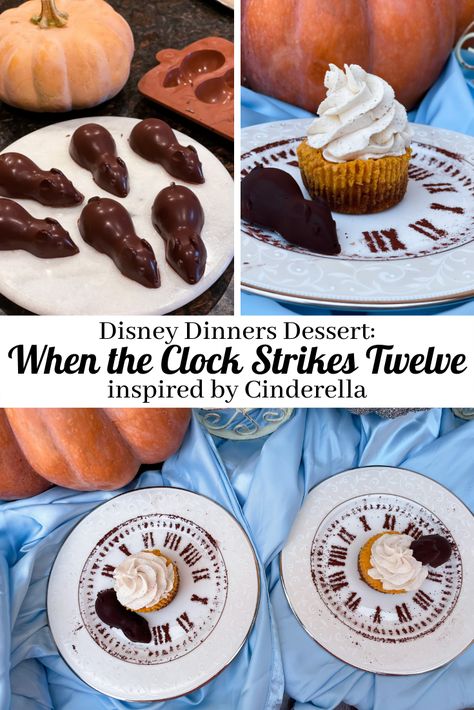 The perfect dessert for your Cinderella party! Mini pumpkin cheesecakes on a cocoa powder clock with homemade chocolate mice. Chocolate Mice, Pumpkin Cheesecakes, Mini Pumpkin Cheesecake, Cinderella Theme, Disney Dinner, Cinderella Party, Disney Princess Party, Pastry Bag, Mini Cheesecakes