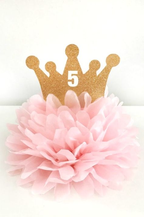 Pink Princess Pompom Centerpiece with a Gold Crown Royal Fiveness, Pig Pickin, Glitter Centerpieces, Princess Centerpieces, Crown Centerpiece, Pink Princess Party, Turning Three, Princess Birthday Decorations, Crown Baby Shower