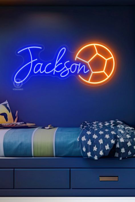 Personalize your celebration with your names and add a football-themed touch. It's a fantastic way to showcase your shared passion and create a memorable atmosphere. Whether it's at the entrance, near the dance floor, or above your sweetheart table, this neon sign brings an energetic and personalized vibe to your special day. Basketball Room Decor, Basketball Room, Neon Sign Bedroom, Custom Basketball, Custom Neon, Kids Bedroom Decor, Boy's Bedroom, Custom Neon Signs, Led Neon Signs