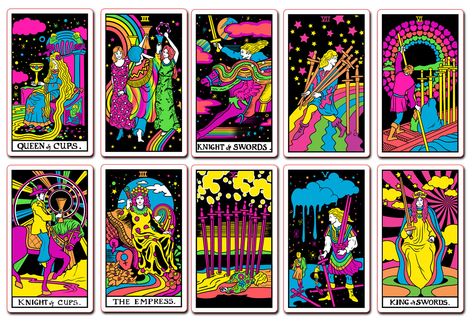 Black light tarot images #blacklight,#tarot,#tarotcards,#tarotdeck,#riderwaite,#tarotreader,#oracle,#hippie Colorful Tarot Cards, Collage Tarot Cards, African Tarot Cards, Neon Tarot Cards, Shadow Journal, Tarot Images, Tarot Illustration, Unique Tarot Decks, Occult Tarot Deck