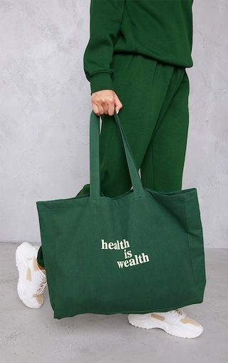 Health Is Wealth, Green Tote Bag, Green Tote, Oversized Tote Bag, Oversized Tote, Eco Bag, Canvas Designs, Black Tote, Merchandise Design