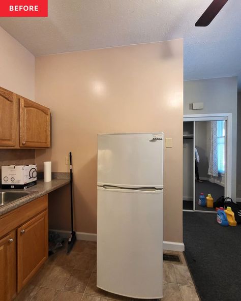 Refrigerator in kitchen before renovation. Move Fridge In Kitchen, Hiding Fridge In Kitchen, Kitchen With Free Standing Fridge, Awkward Fridge Placement, Fridge Without Cabinets Around It, On Top Of Fridge Storage Ideas, Free Standing Refrigerator In Kitchen, Stand Alone Refrigerator Ideas, Freestanding Fridge In Kitchen