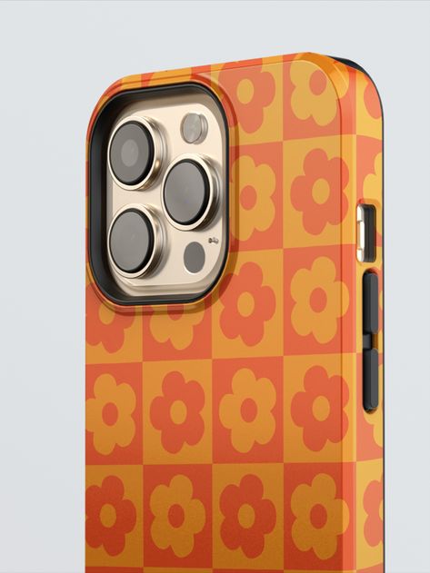 Orange checkered patterned phone case on a white background, providing both style and protection for your phone. Katie Feeney, Checkered Flower, Orange Phone Case, Orange Phone, Nostalgic Aesthetic, Trendy Iphone Cases, Orange Design, Galaxy Phone Cases, Retro Summer