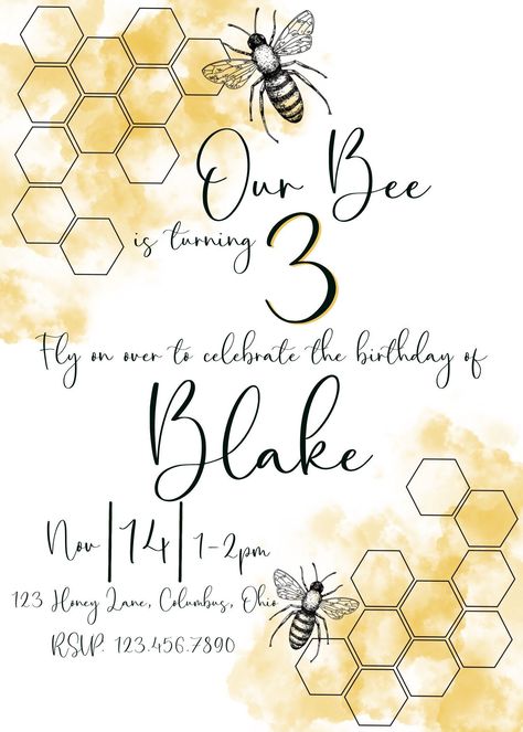 Excited to share this item from my #etsy shop: Our bee is turning three, birthday party invites #beethree #ourbeeisthree Three Bee Birthday, Bee Themed Birthday Party 3, Honey Bee Is Three, Our Honey Bee Is Turning Three, Good To Bee Three Birthday, Bumble Bee Third Birthday Theme, 3rd Birthday Bee Theme, Bee Themed 2nd Birthday Party, Bee Themed 3rd Birthday Party